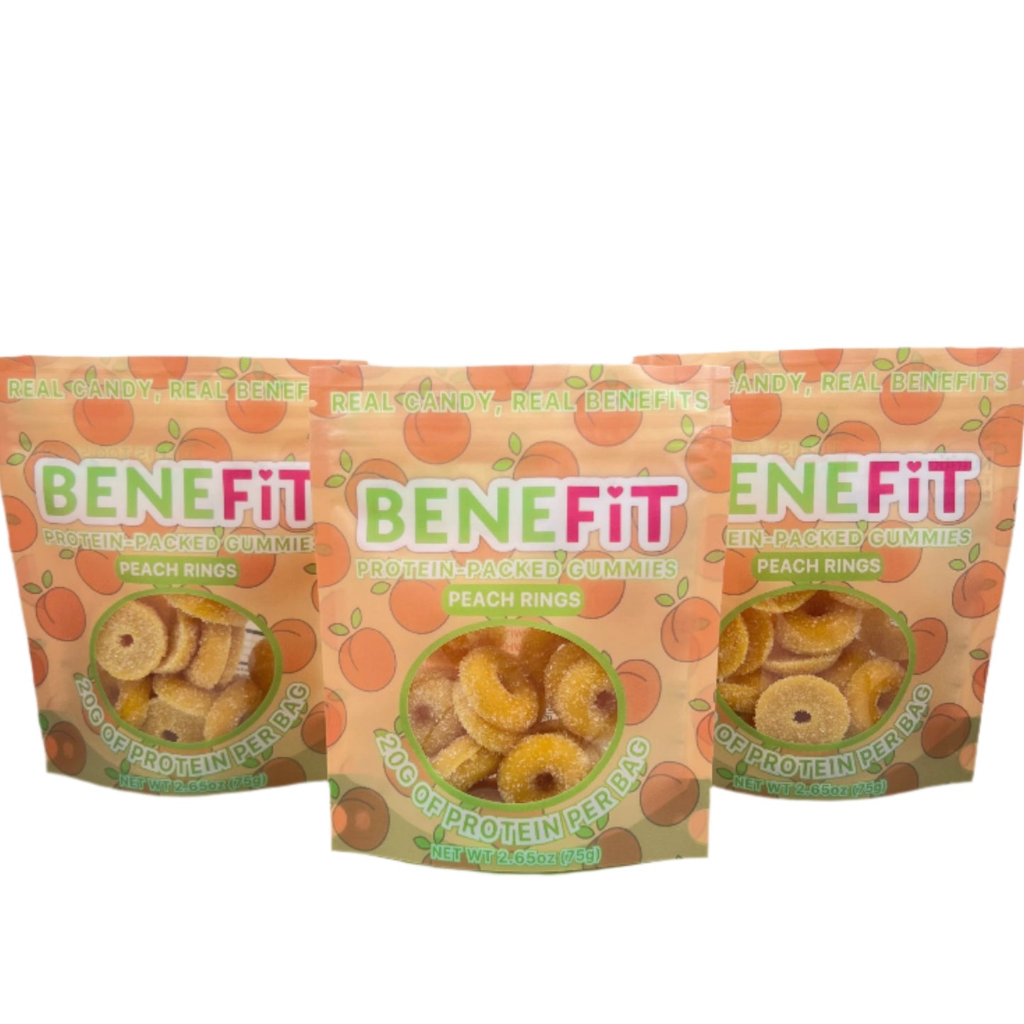 Three packages of 'BeneFit' snack mix on a white surface with a neutral background